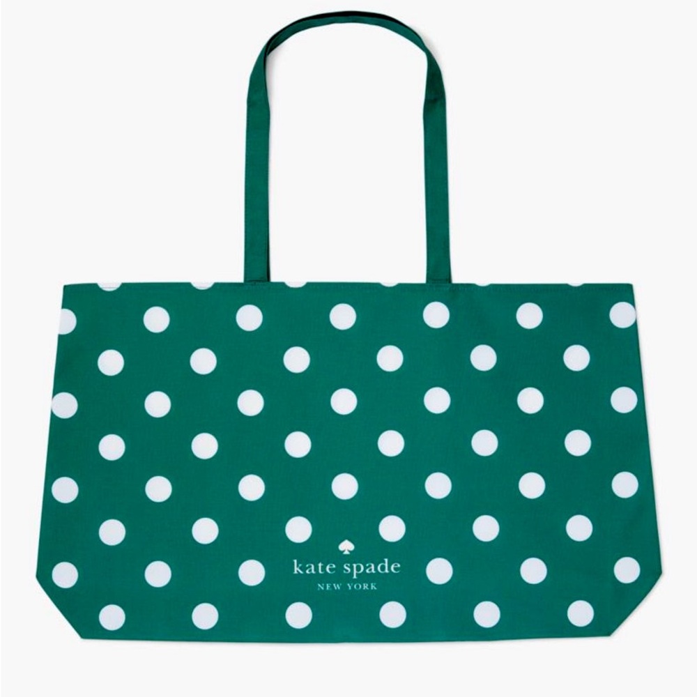 NEW Kate Spade Large Reusable Foldable Green Polka Dot Canvas Tote Bag